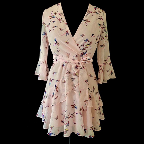 NWOT Millibon pretty Hummingbird dress Sheer Layers fitted top flouncy bottom - Picture 6 of 9